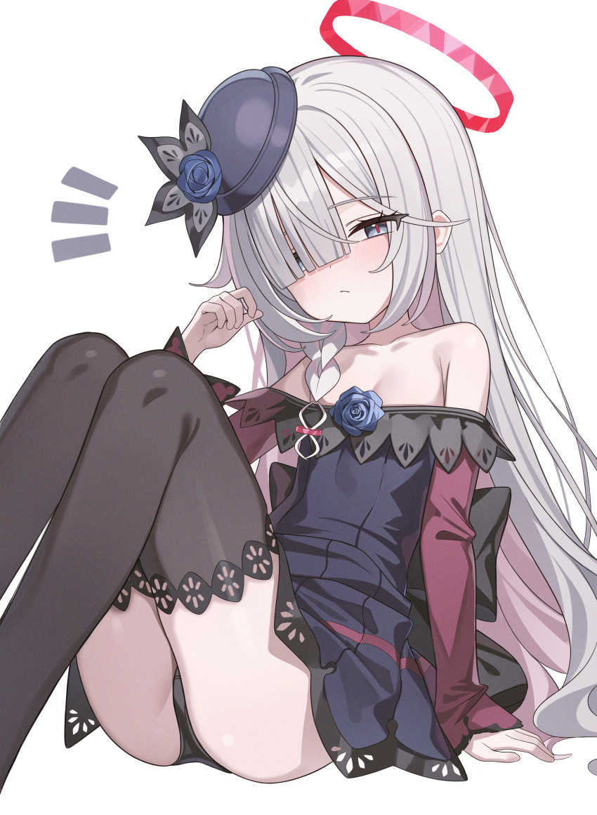 1girl, absurdres, alternate_costume, bare_shoulders, black_panties, black_thighhighs, blue_archive, blue_flower