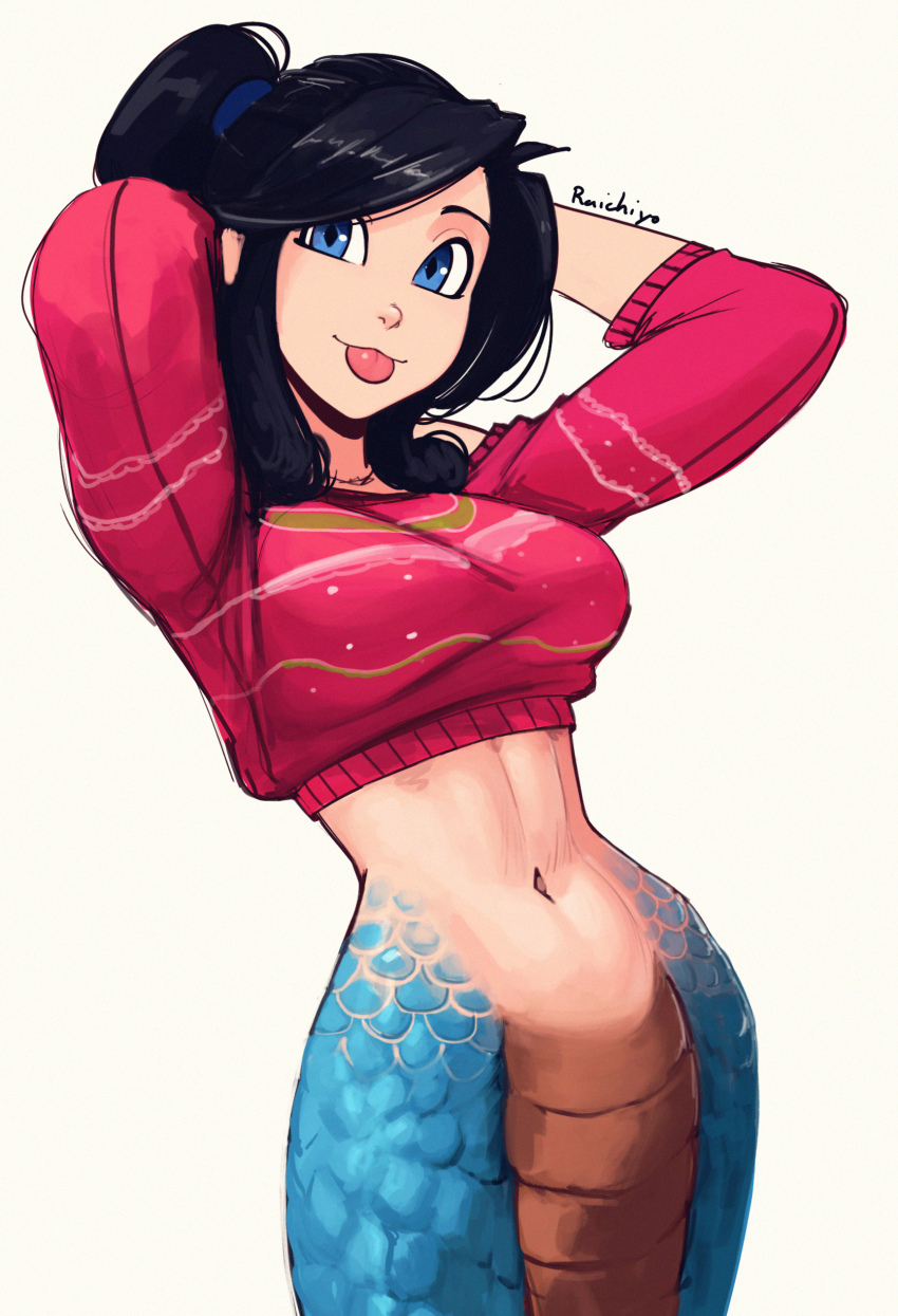 1girl, :3, absurdres, arms_behind_head, artist_name, black_hair, blue_eyes, breasts, chimi_(raichiyo33), closed_mouth, commentary, cropped_sweater, english_commentary, hair_behind_ear, head_tilt, highres, jewelry, lamia, long_hair, looking_at_viewer, medium_breasts, monster_girl, navel, necklace, nose, original, parted_hair, ponytail, raichiyo33, scales, simple_background, solo, sweater, three-quarter_sleeves, tongue, tongue_out, white_background