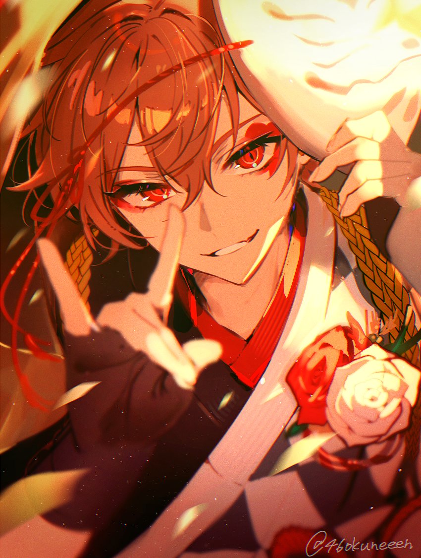 1boy, ace_trappola, ace_trappola_(new_year's_attire), black_gloves, commentary_request, fingerless_gloves, flower, gloves