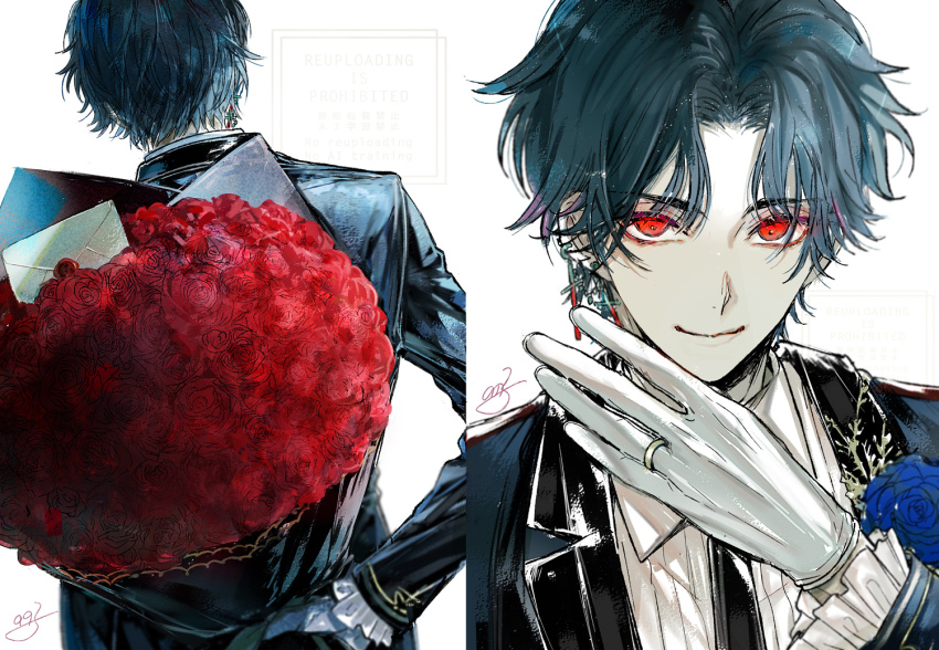 1boy, akuma_shitsuji_to_kuroi_neko, aqua_hair, arm_behind_back, back, black_jacket, blazer, blue_flower