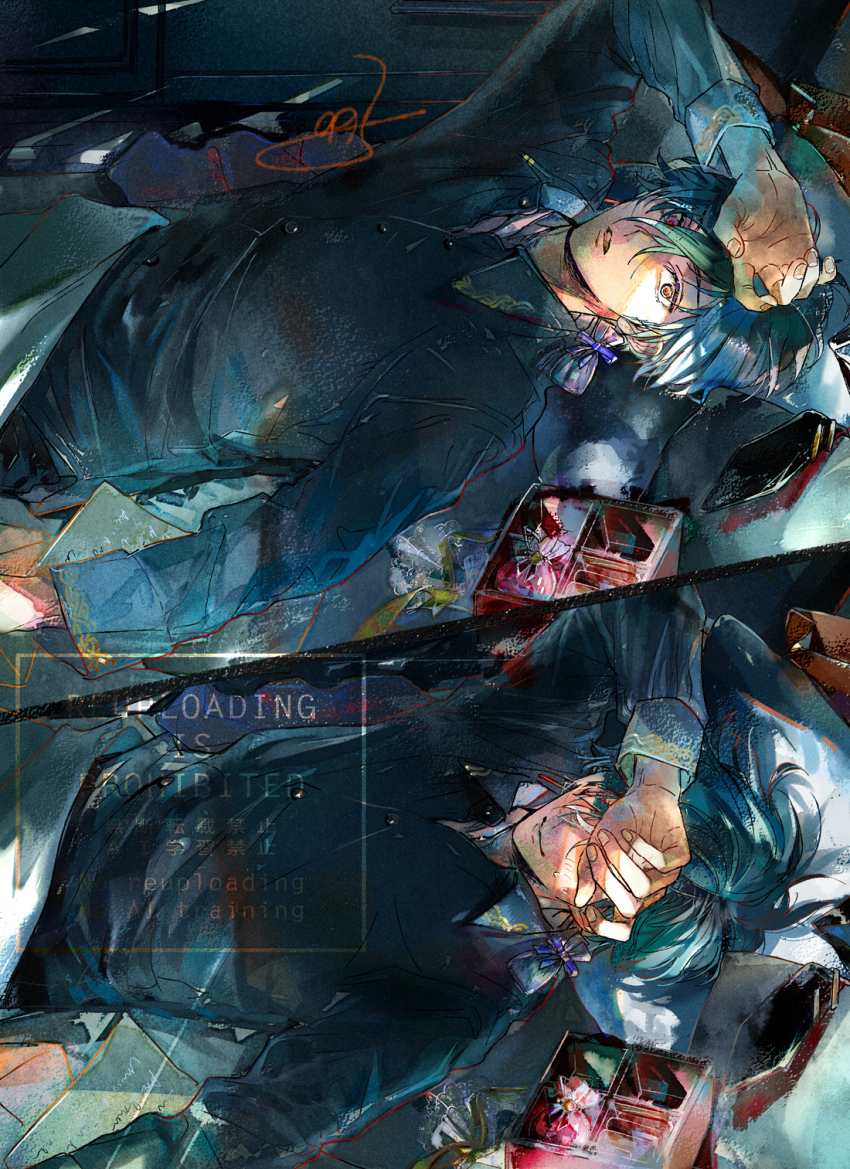 1boy, akuma_shitsuji_to_kuroi_neko, aqua_hair, arm_up, bed_sheet, black_border, black_necktie, black_shirt