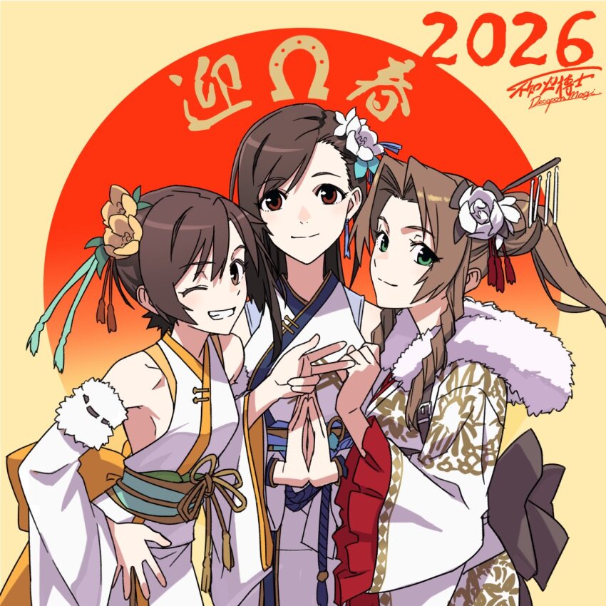 2026, 3girls, aerith_gainsborough, aerith_gainsborough_(festive_crimson_attire), alternate_costume, black_hair, bow, brown_hair
