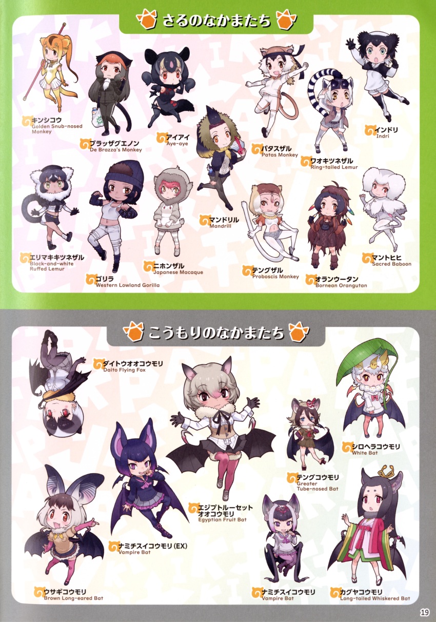 6+girls, absurdres, aye-aye_(kemono_friends), brown_long-eared_bat_(kemono_friends), common_vampire_bat_(kemono_friends), daito_fruit_bat_(kemono_friends), de_brazza's_monkey_(kemono_friends), egyptian_rousette_(kemono_friends), fraternal_myotis_(kemono_friends), full_body, golden_snub-nosed_monkey_(kemono_friends), hamadryas_baboon_(kemono_friends), highres, hilgendorf's_tube-nose_bat_(kemono_friends), honduran_white_bat_(kemono_friends), indri_(kemono_friends), japanese_macaque_(kemono_friends), japari_symbol, kemono_friends, looking_at_viewer, mandrill_(kemono_friends), multiple_girls, official_art, orangutan_(kemono_friends), patas_monkey_(kemono_friends), proboscis_monkey_(kemono_friends), ring-tailed_lemur_(kemono_friends), ruffed_lemur_(kemono_friends), simple_background, tachi-e, western_lowland_gorilla_(kemono_friends), yoshizaki_mine