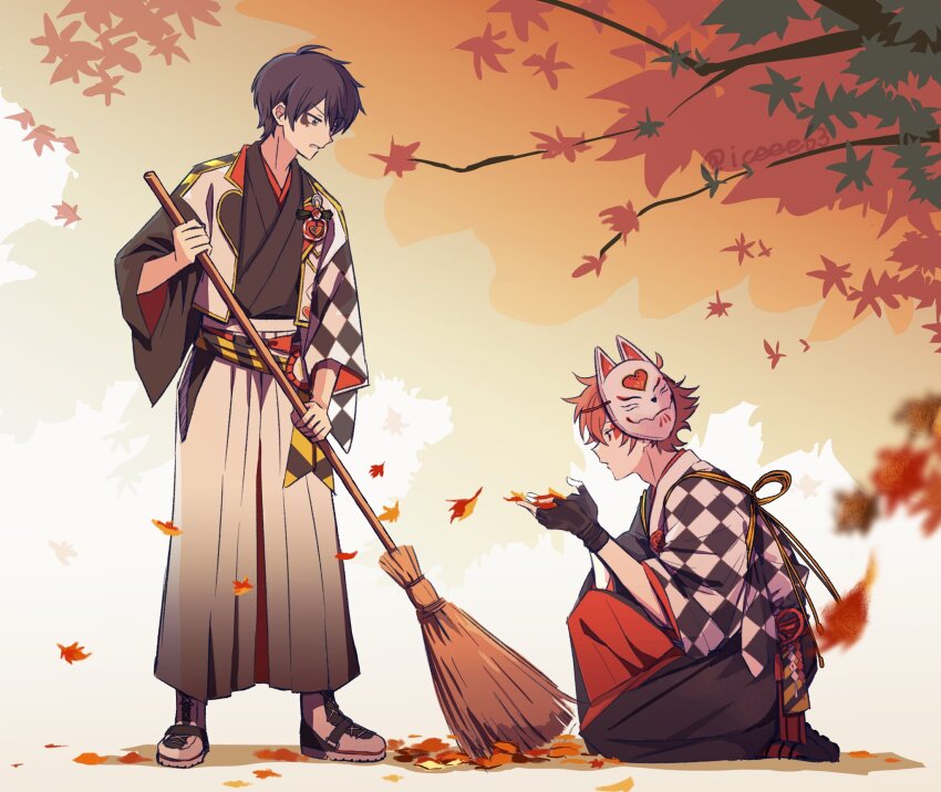 2boys, ace_trappola, ace_trappola_(new_year's_attire), black_gloves, black_hair, broom, commentary, deuce_spade