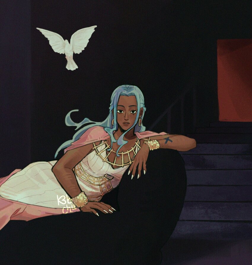 1girl, alternate_skin_color, bird, blue_eyes, bracelet, commentary, dark-skinned_female, dark_skin