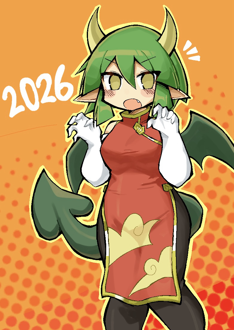 1girl, 2026, :o, arms_up, black_leggings, brown_eyes, china_dress, chinese_clothes, claw_pose, cloud_print, commentary_request, cowboy_shot, double-parted_bangs, draco_centauros, dragon_girl, dragon_horns, dragon_tail, dragon_wings, dress, elbow_gloves, fang, gloves, green_hair, hair_between_eyes, halftone, halftone_background, horns, kurokogeee, leggings, looking_at_viewer, notice_lines, open_mouth, orange_background, outline, pelvic_curtain, pointy_ears, puyopuyo, red_background, red_dress, short_hair, side_slit, sleeveless, sleeveless_dress, solo, tail, v-shaped_eyebrows, white_gloves, wings, yellow_outline