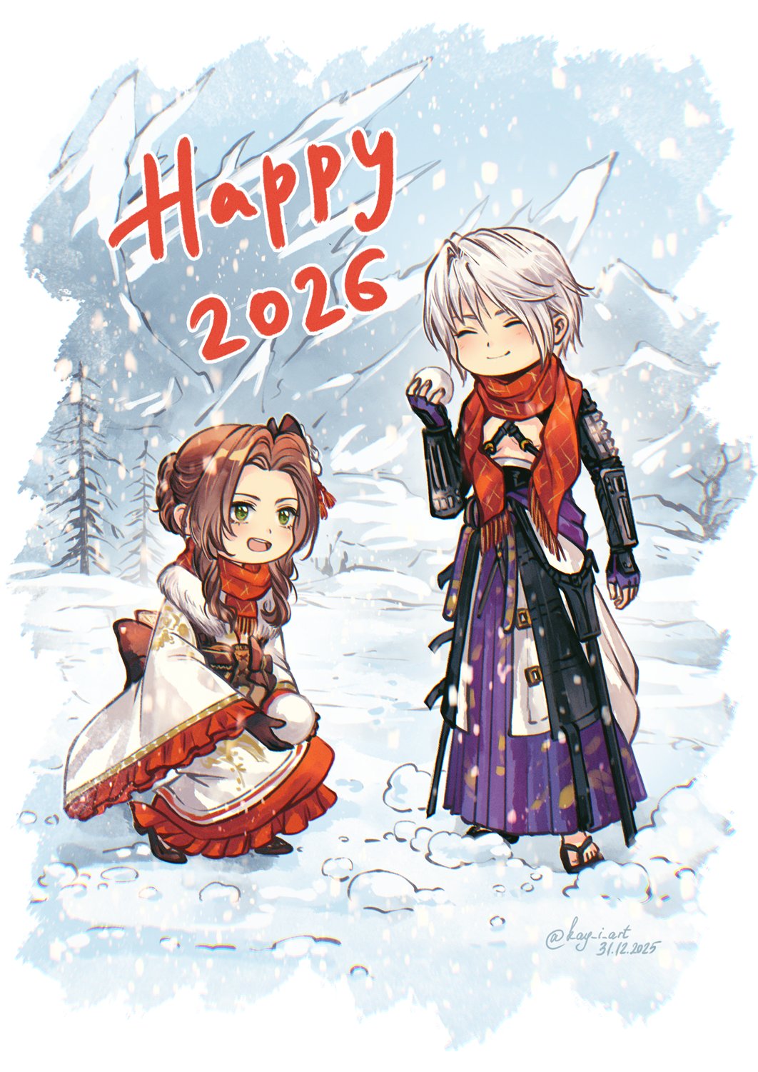 1boy, 1girl, 2026, aerith_gainsborough, aerith_gainsborough_(festive_crimson_attire), armor, boots, brown_boots