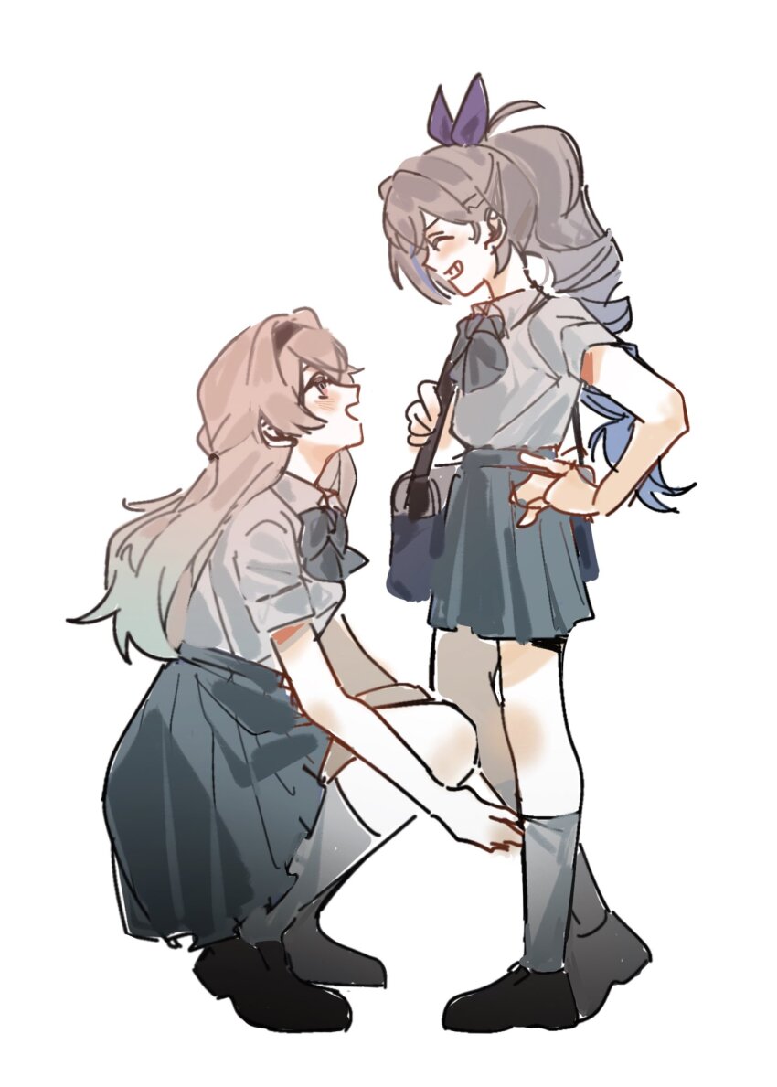 2girls, ahoge, alternate_costume, aqua_hair, bag, black_hairband, black_shoes, blue_bag