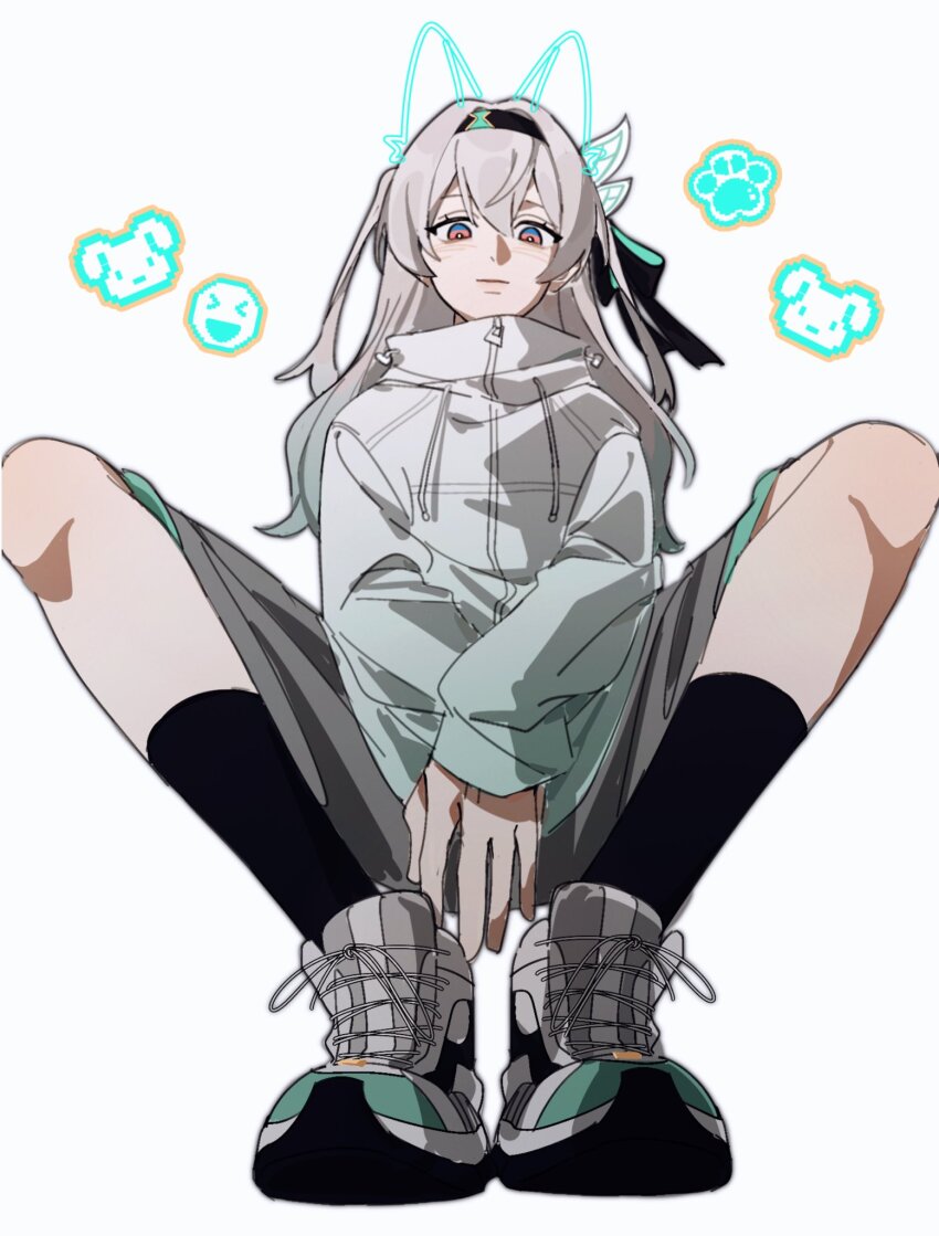 1girl, alternate_costume, animal_ears, aqua_jacket, black_bow, black_hairband, black_socks, blue_eyes, blue_hair, blush, boots, bow, bright_pupils, cat_ears, closed_mouth, collared_jacket, firefly_(honkai:_star_rail), full_body, gradient_clothes, gradient_hair, gradient_jacket, grey_hair, grey_shorts, hair_between_eyes, hair_bow, hair_ornament, hairband, hashtag-only_commentary, highres, honkai:_star_rail, honkai_(series), jacket, kabokwa, leaf_hair_ornament, long_hair, long_sleeves, looking_at_viewer, multicolored_eyes, multicolored_hair, pink_eyes, pocket, puffy_long_sleeves, puffy_sleeves, shorts, simple_background, sitting, smile, socks, solo, spread_legs, wavy_hair, white_background, white_boots, white_jacket, white_pupils, zipper