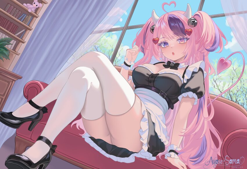 1girl, absurdres, ahoge, artist_name, ayasesama, bell, black_bow, black_bowtie, black_dress, black_shoes, bookshelf, bow, bowtie, breasts, cloud, crossed_legs, curtains, demon_girl, demon_horns, demon_tail, dress, hair_bell, hair_ornament, heart, heart_ahoge, heterochromia, highres, horns, indie_virtual_youtuber, ironmouse, maid, multicolored_hair, neck_bell, pink_eyes, pink_hair, purple_eyes, purple_hair, shoes, sitting, sky, solo, streaked_hair, tail, thighhighs, two-tone_hair, two_side_up, virtual_youtuber, white_horns, white_thighhighs, window