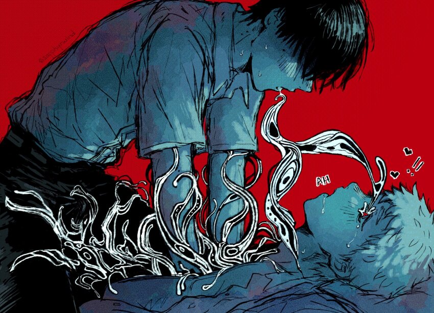 !, !!, 2boys, blush, body_horror, bulge, collared_shirt, commentary