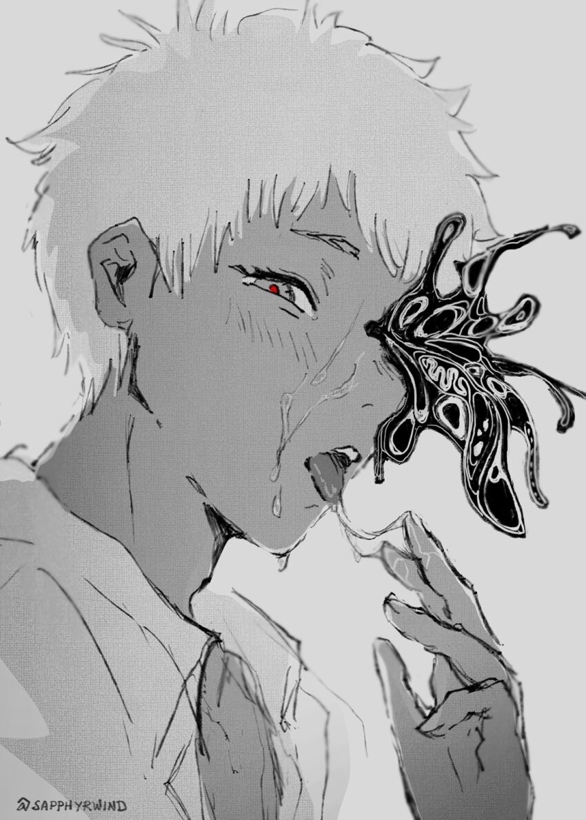 1boy, adam's_apple, blush, body_horror, collared_shirt, grey_background, greyscale, hashtag-only_commentary