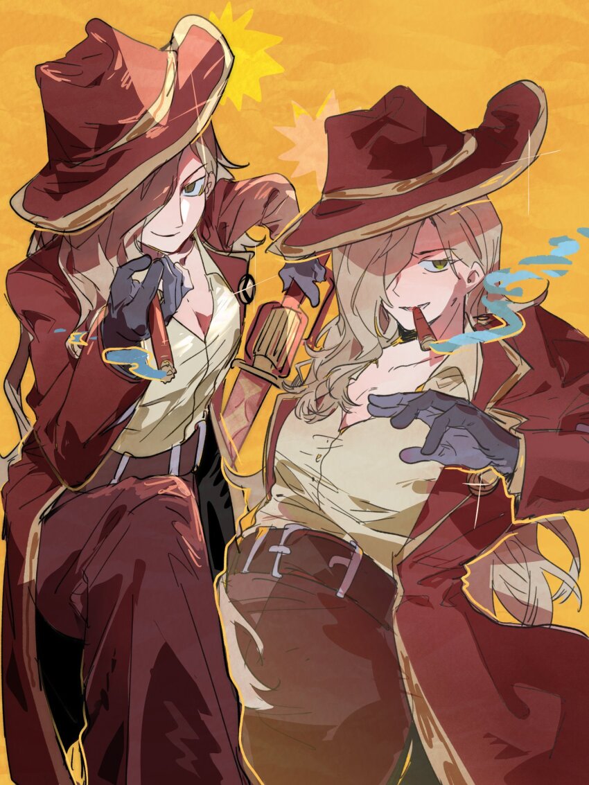 1girl, belt, blonde_hair, breasts, cigar, cleavage, closed_mouth, coat