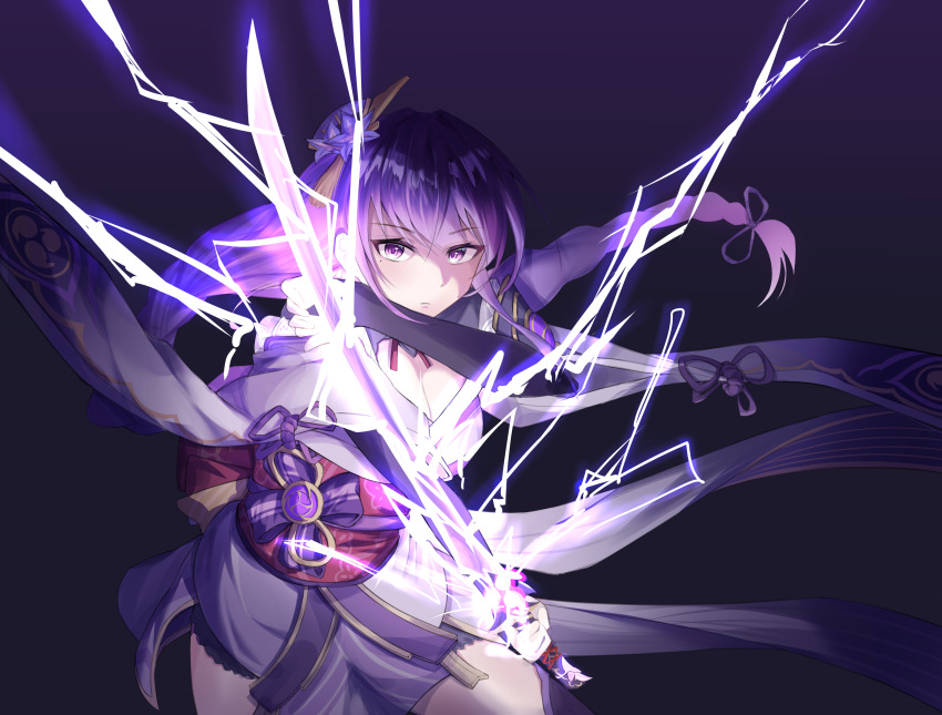 1girl, absurdres, braid, breasts, bridal_gauntlets, cleavage, closed_mouth, commentary_request, electricity, fan_hair_ornament, floating_hair, genshin_impact, glowing, glowing_sword, glowing_weapon, gradient_hair, hair_floating_upwards, hair_ornament, hair_ribbon, highres, holding, il_hyang, japanese_clothes, katana, kimono, large_breasts, lingerie, long_braid, mole, mole_under_eye, multicolored_hair, musou_isshin_(genshin_impact), neck_ribbon, off_shoulder, purple_eyes, purple_hair, purple_kimono, purple_ribbon, raiden_shogun, red_ribbon, red_sash, ribbon, sash, shade, single_braid, solo, sword, underwear, upper_body, weapon