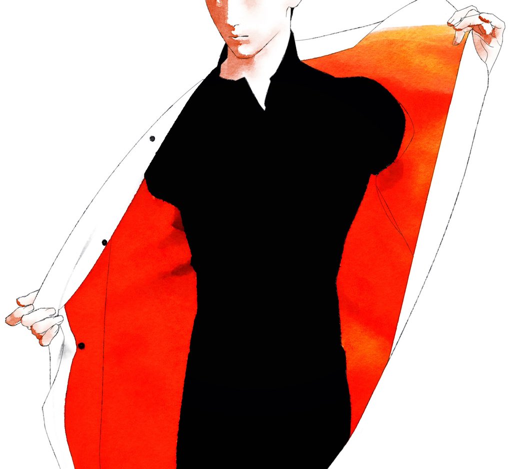 1boy, black_pants, black_shirt, blending, coat, commentary, cowboy_shot, english_commentary