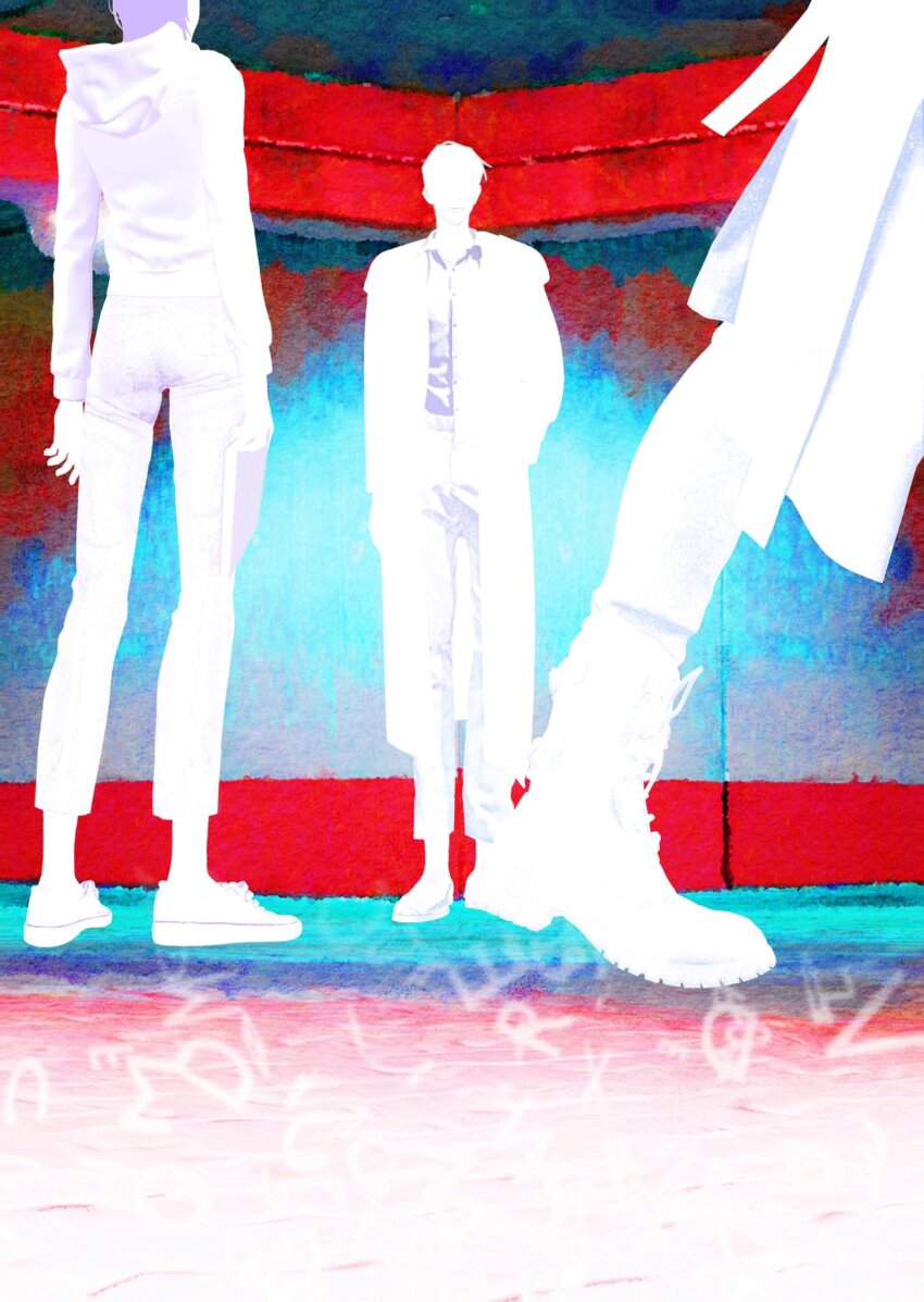 1girl, 2boys, boots, coat, collared_shirt, commentary, faceless, from_below