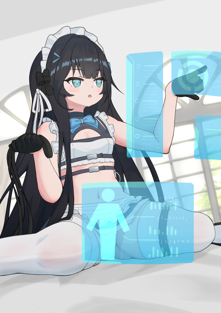 1girl, absurdres, alternate_costume, aqua_eyes, azur_lane, belt, black_gloves, black_hair, breasts, clarence_k._bronson_(azur_lane), clarence_k._bronson_(special_functional_testing)_(azur_lane), commentary_request, enmaided, gloves, hands_up, highres, indoors, maid, maid_headdress, midriff, navel, official_alternate_costume, panties, panty_peek, sitting, small_breasts, solo, stomach, super_mizow, thigh_belt, thigh_strap, thighhighs, underwear, wariza, white_panties, white_thighhighs