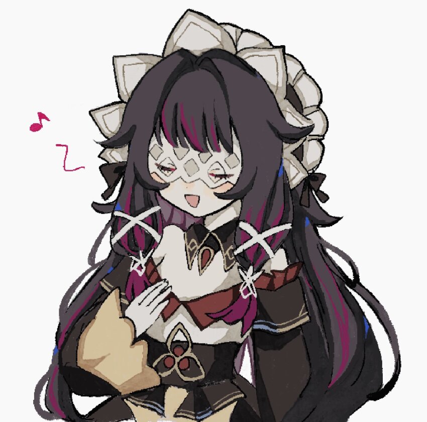 1girl, black_hair, closed_eyes, columbina_(genshin_impact), cosplay, dress, eye_mask, facing_viewer