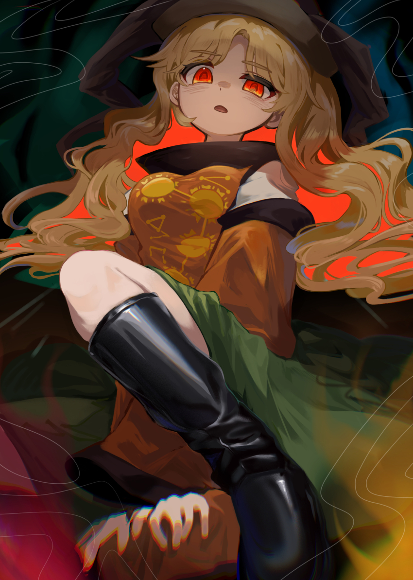 1girl, absurdres, alternate_eye_color, amadare_rak, black_background, black_boots, black_hat, blonde_hair
