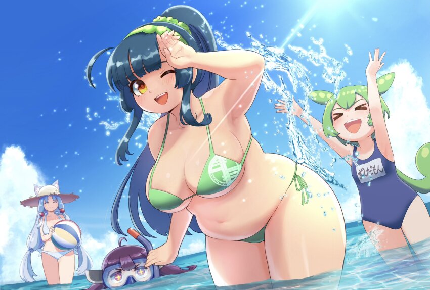 >_<, 4girls, :d, animal_ear_fluff, animal_ears, ball, beach, beachball