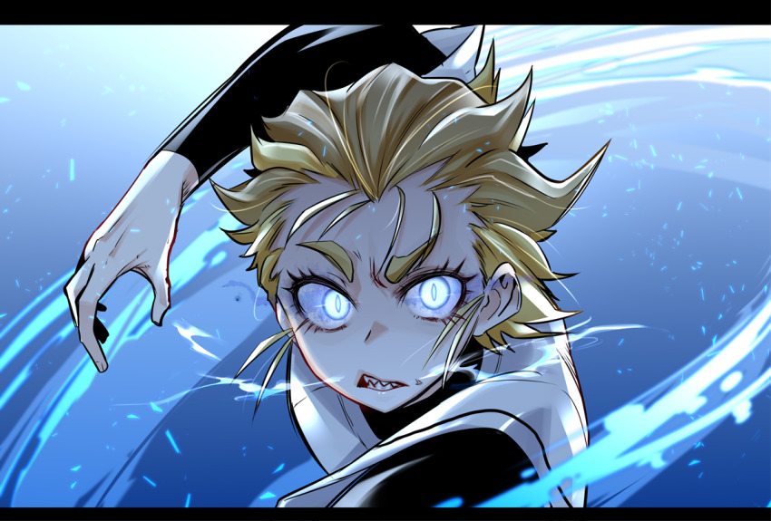 1boy, arm_up, baseball, baseball_uniform, blonde_hair, blue_background, blue_eyes, breath, commentary_request, eyelashes, glowing, glowing_eyes, hair_slicked_back, letterboxed, light_particles, long_sleeves, looking_at_viewer, male_focus, mima_shoma, nanamatsu_kenji, portrait, sanpaku, serious, sharp_teeth, shirt, slit_pupils, solo, sportswear, sankyuu_pitch, teeth, throwing, white_shirt