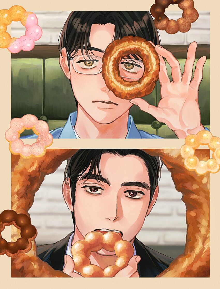2boys, black_suit, border, brown_eyes, collared_shirt, commentary_request, curtained_hair, donut