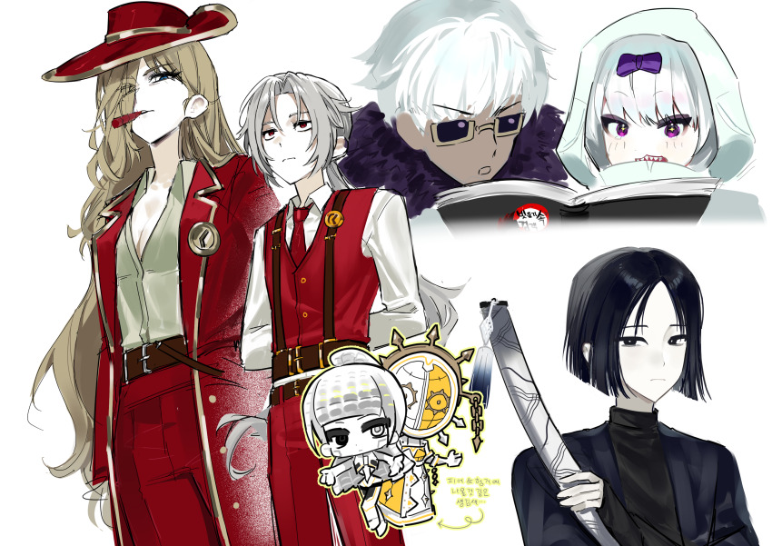 3boys, 3girls, absurdres, albina_(project_moon), belt, black_eyes, black_hair, brown_belt