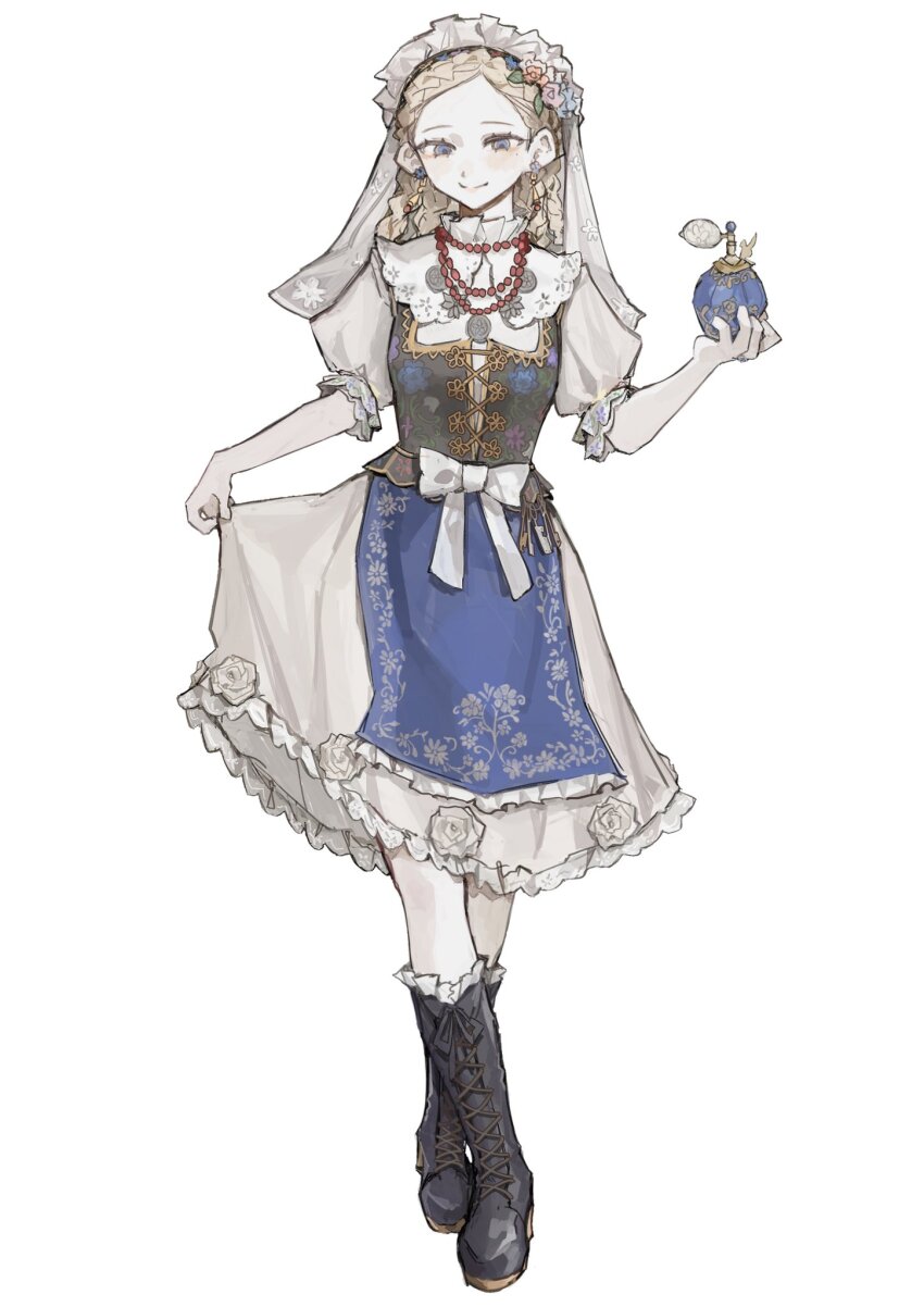 1girl, apron, bead_necklace, beads, black_boots, black_corset, blonde_hair, blue_apron