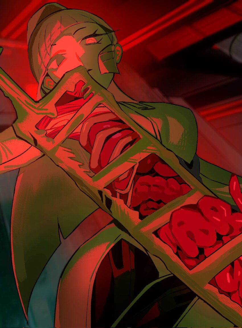 1girl, albina_(project_moon), cowboy_shot, glowing, greatsword, hashtag-only_commentary, heterochromia, high_ponytail, highres, indoors, intestines, limbus_company, long_hair, looking_at_viewer, ponytail, project_moon, ribs, solo, sword, the_ring_(project_moon), weapon, white_hair, yongsadragon