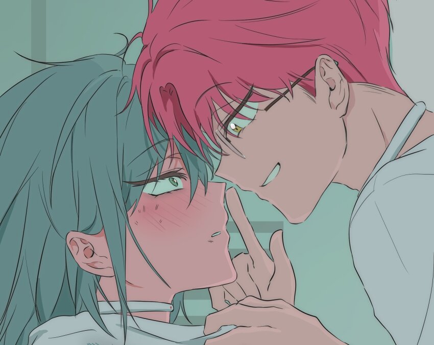 1boy, 1girl, alien_stage, blush, choker, commentary, dobugi221833, finger_to_mouth, genderswap, genderswap_(ftm), genderswap_(mtf), glasses, green_eyes, grey_hair, highres, leaning, long_hair, mizi_(alien_stage), pink_hair, short_hair, shushing, smile, untranslatable_commentary, till_(alien_stage), yellow_eyes