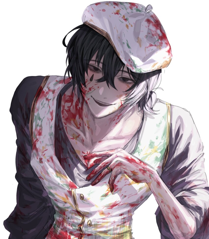 1boy, beret, black_eyes, black_hair, blood, blood_on_clothes, blood_on_face, blood_on_hands