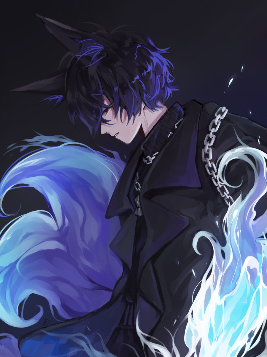 1boy, animal_ear_fluff, animal_ears, black_background, black_coat, black_hair, black_sweater, blue_fire