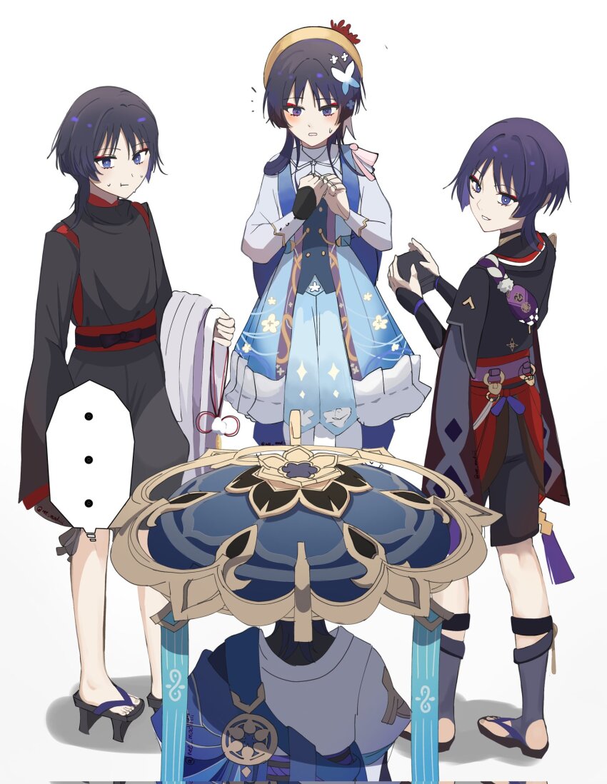 ..., 4boys, :t, armor, ayaka_(genshin_impact), bag, belt, black_belt