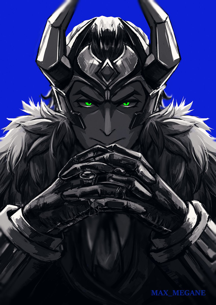 1boy, artist_name, blue_background, blurry, commentary, depth_of_field, english_commentary, fake_horns