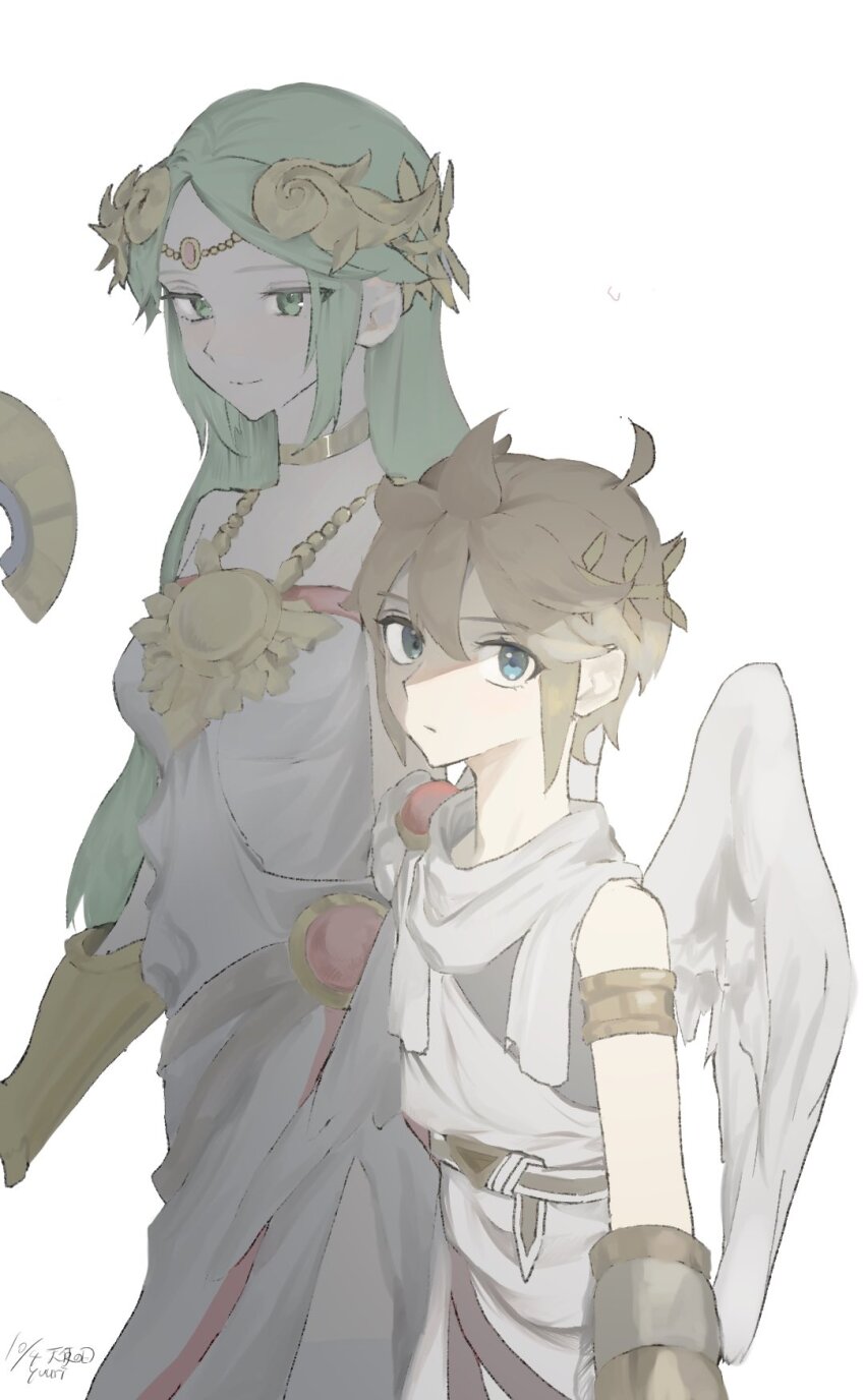 1boy, 1girl, ahoge, ancient_greek_clothes, angel, angel_wings, armlet, belt, blue_eyes, brown_belt, brown_hair, check_commentary, circlet, closed_mouth, commentary_request, dress, expressionless, forehead_jewel, gold_armlet, greco-roman_clothes, green_eyes, green_hair, hair_between_eyes, halo, height_difference, highres, jewelry, kid_icarus, kid_icarus_uprising, laurel_crown, long_hair, neck_ring, nintendo, palutena, pit_(kid_icarus), scarf, shade, short_hair, sidelocks, single_bare_shoulder, smile, spiked_hair, traditional_halo, white_background, white_dress, white_scarf, white_wings, wings, yuuri_snpr