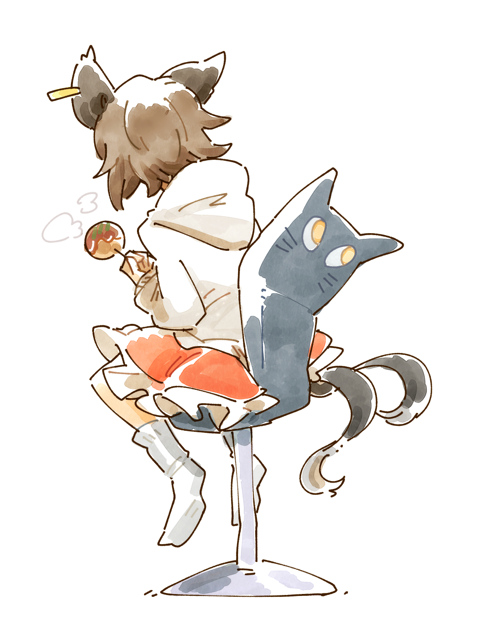 1girl, alternate_costume, animal_ears, brown_hair, cat_ears, cat_furniture, cat_tail, chair