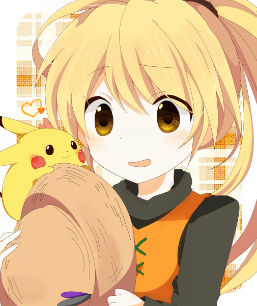 1990s_(style), 1girl, bad_id, bad_pixiv_id, blonde_hair, blush, chuchu_(pokemon), gen_1_pokemon, hat, heart, kohane_(633975), nintendo, pikachu, pokemon, pokemon_(creature), pokemon_adventures, pokemon_red/green/blue/yellow, retro_artstyle, unworn_hat, unworn_headwear, yellow_(pokemon), yellow_eyes
