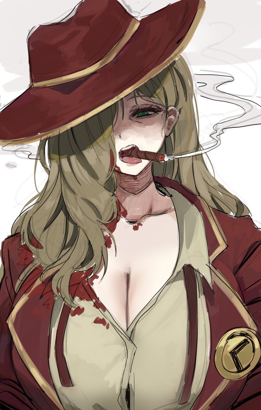 1girl, absurdres, blood, blood_on_clothes, blood_on_face, breasts, brown_hair, cigar, coat, gold_trim, green_eyes, hat, highres, huge_breasts, lapels, limbus_company, long_hair, necktie, notched_lapels, open_mouth, project_moon, red_coat, red_hat, saeda8e, simple_background, smoke, smoking, solo, the_thumb_(project_moon), tongue, tongue_out, undone_necktie, valencina_(project_moon), very_long_hair, white_background