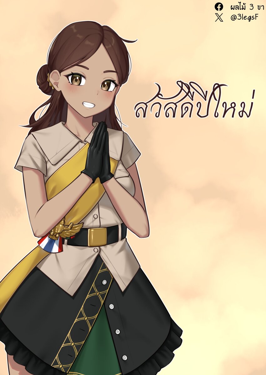 1girl, 3legsf, absurdres, black_gloves, blush, breasts, brown_eyes, brown_hair