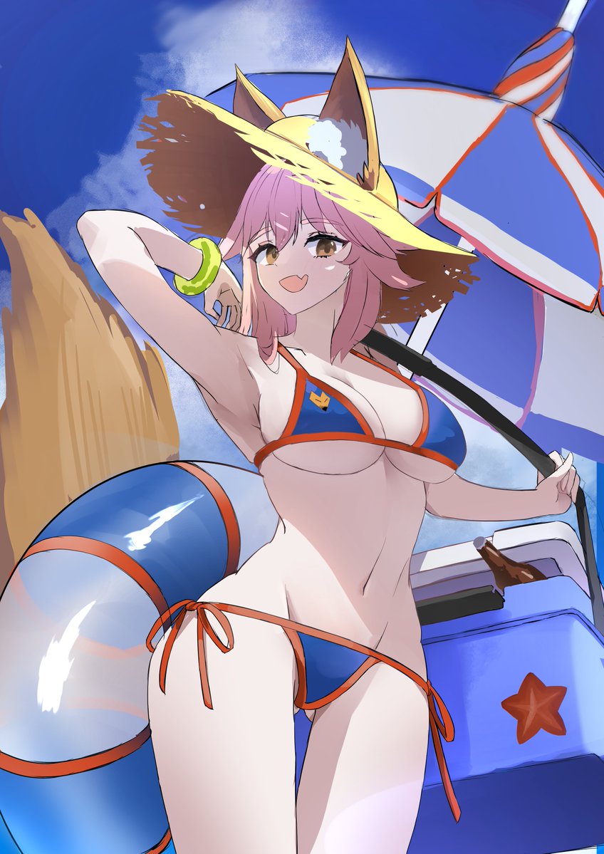 1girl, animal_ear_fluff, animal_ears, bare_shoulders, beach_umbrella, bikini, blue_bikini, blue_sky