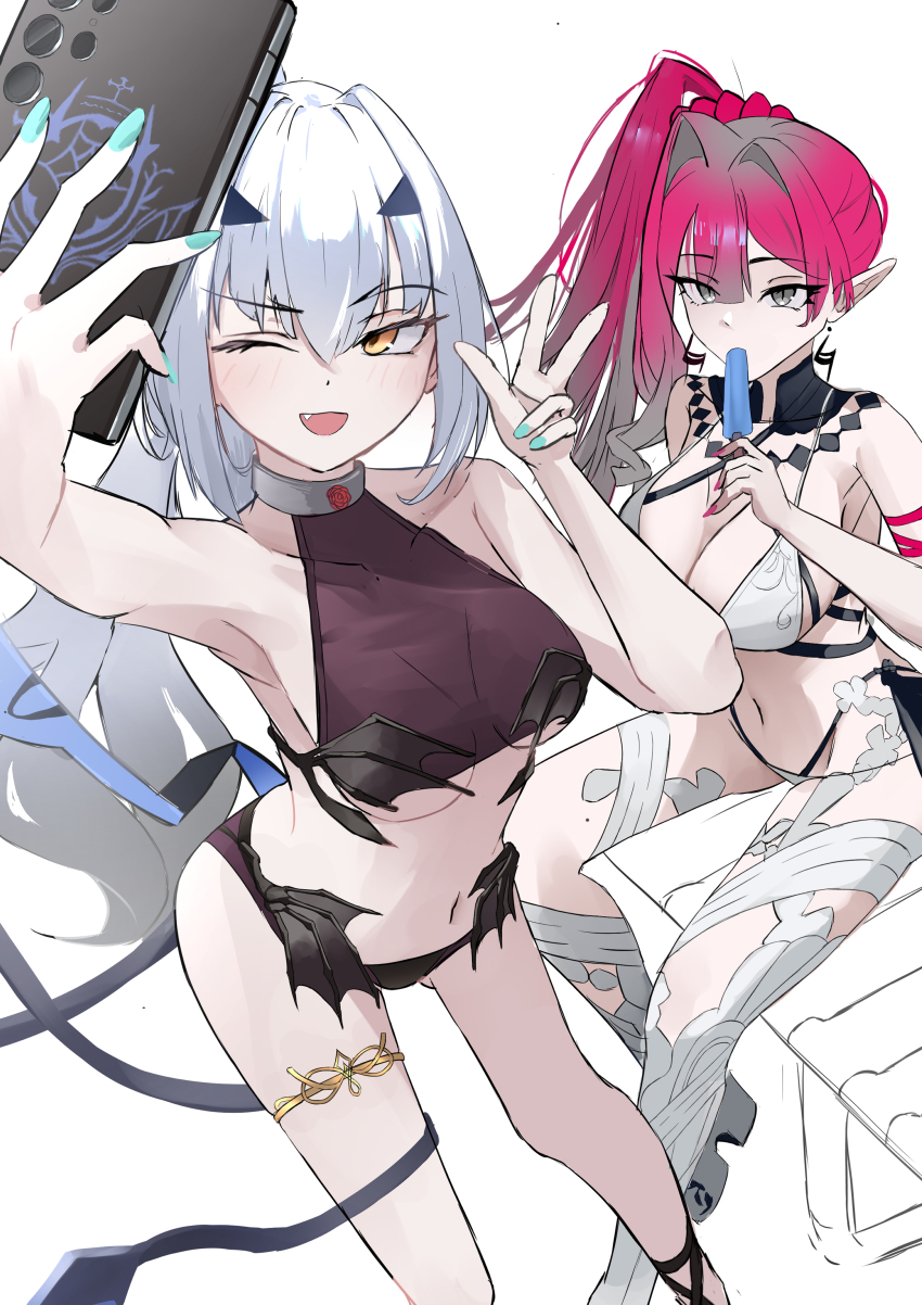 2girls, absurdres, baobhan_sith_(fate), baobhan_sith_(swimsuit_pretender)_(third_ascension)_(fate), bare_shoulders, bikini, black_bikini, breasts