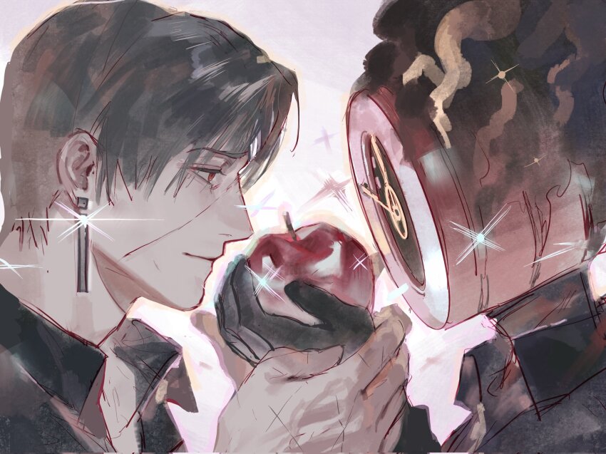 1boy, 1other, apple, black_gloves, black_shirt, chinese_commentary, clock, closed_mouth