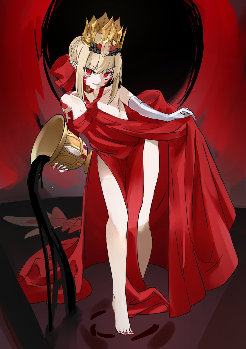 1girl, ahoge, bare_shoulders, barefoot, blonde_hair, braid, breasts, chalice, commentary_request, crown, cup, dragon_tail, dress, elbow_gloves, facial_mark, fate/grand_order, fate_(series), full_body, gloves, hair_bun, hair_intakes, hair_ribbon, looking_at_viewer, medium_hair, nero_claudius_(fate), open_mouth, pointy_ears, queen_draco_(fate), queen_draco_(first_ascension)_(fate), red_dress, red_eyes, red_ribbon, ribbon, scales, single_glove, small_breasts, smile, solo, tail, white_gloves, yugusan5