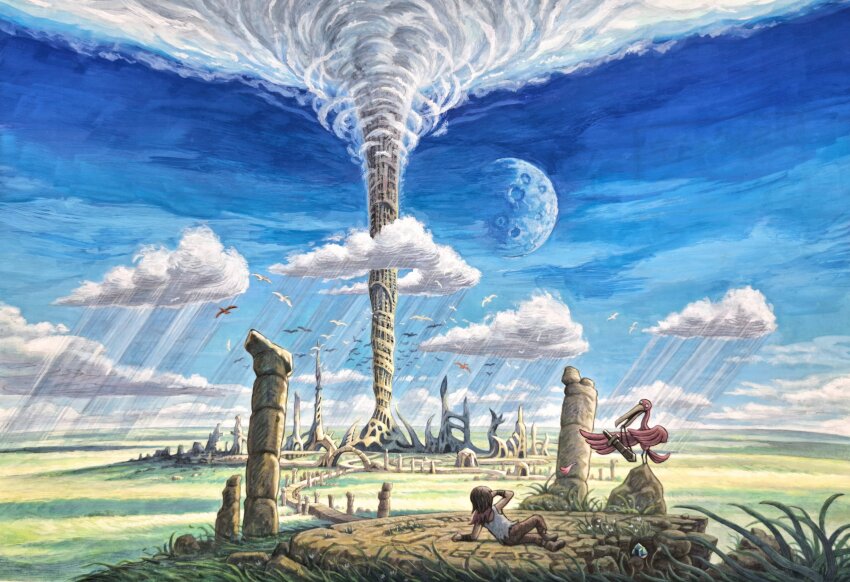 1boy, absurdres, bird, cloud, grandia, grandia:_parallel_trippers, grass, highres