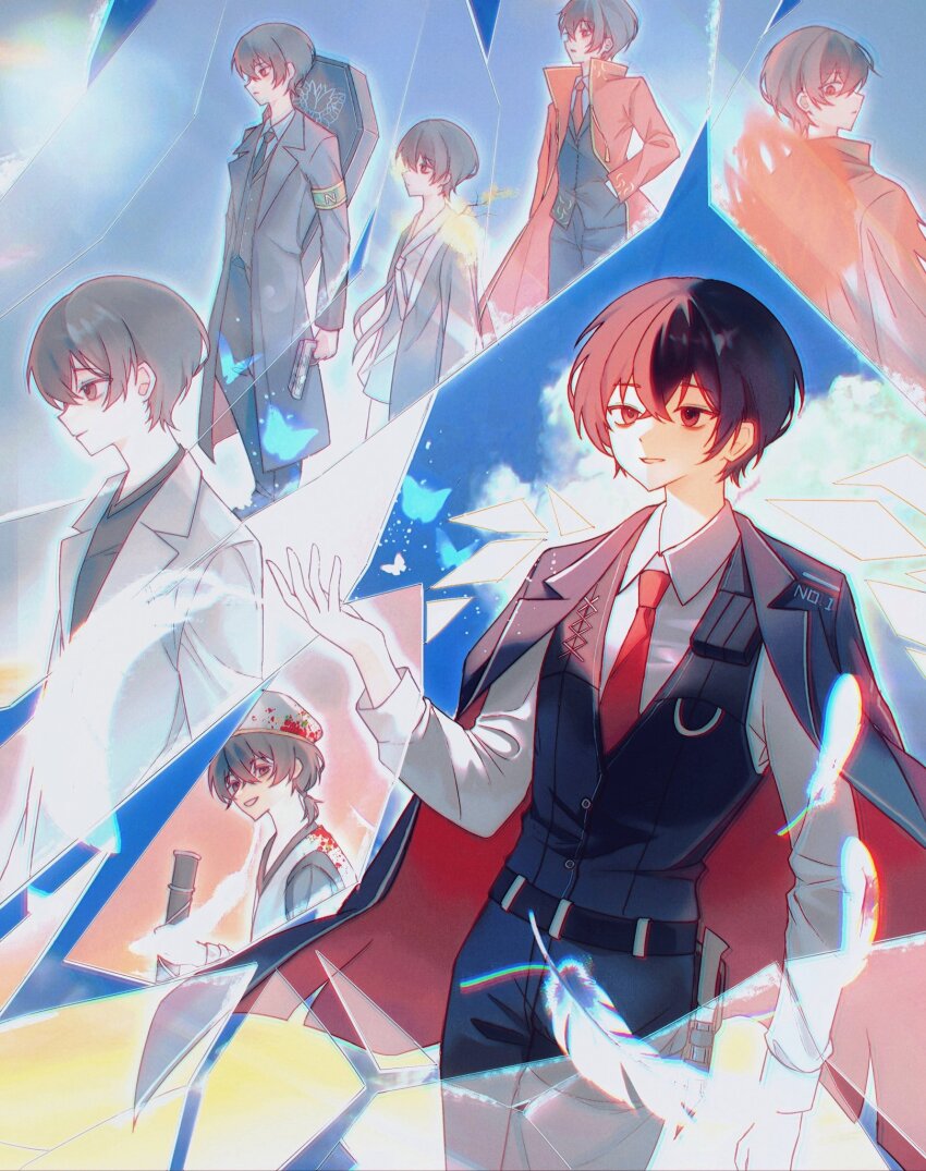 6+boys, armband, belt, beret, black_belt, black_coat, black_eyes, black_hair