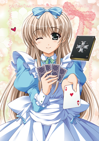 00s, 1girl, ace_(playing_card), apron, bible_of_silver_cross, blonde_hair, blue_eyes, blush
