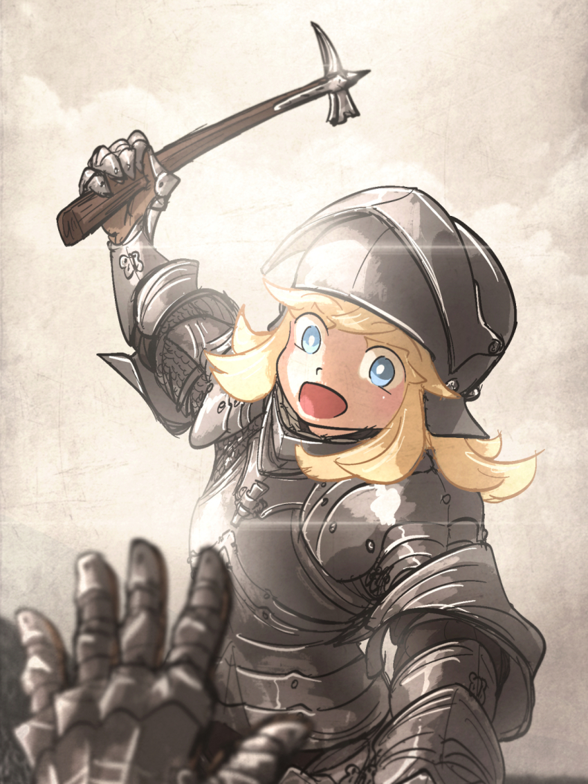 1girl, armor, bevor, blonde_hair, blue_eyes, breastplate, commentary, couter