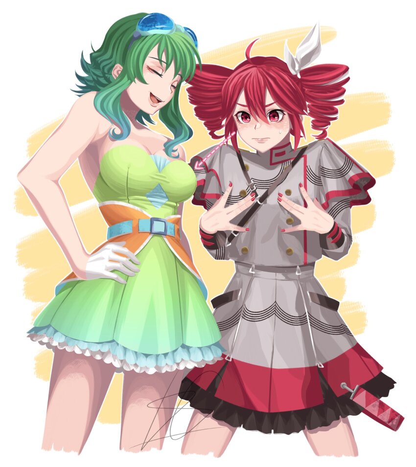 belt, blue-tinted_eyewear, breast_envy, breasts, cleavage, commentary, d_h_giang, dress