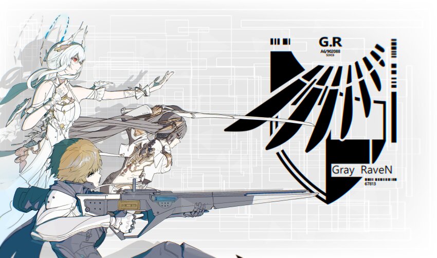 1boy, 2girls, absurdres, black_hair, blonde_hair, blue_eyes, breasts, commentary_request