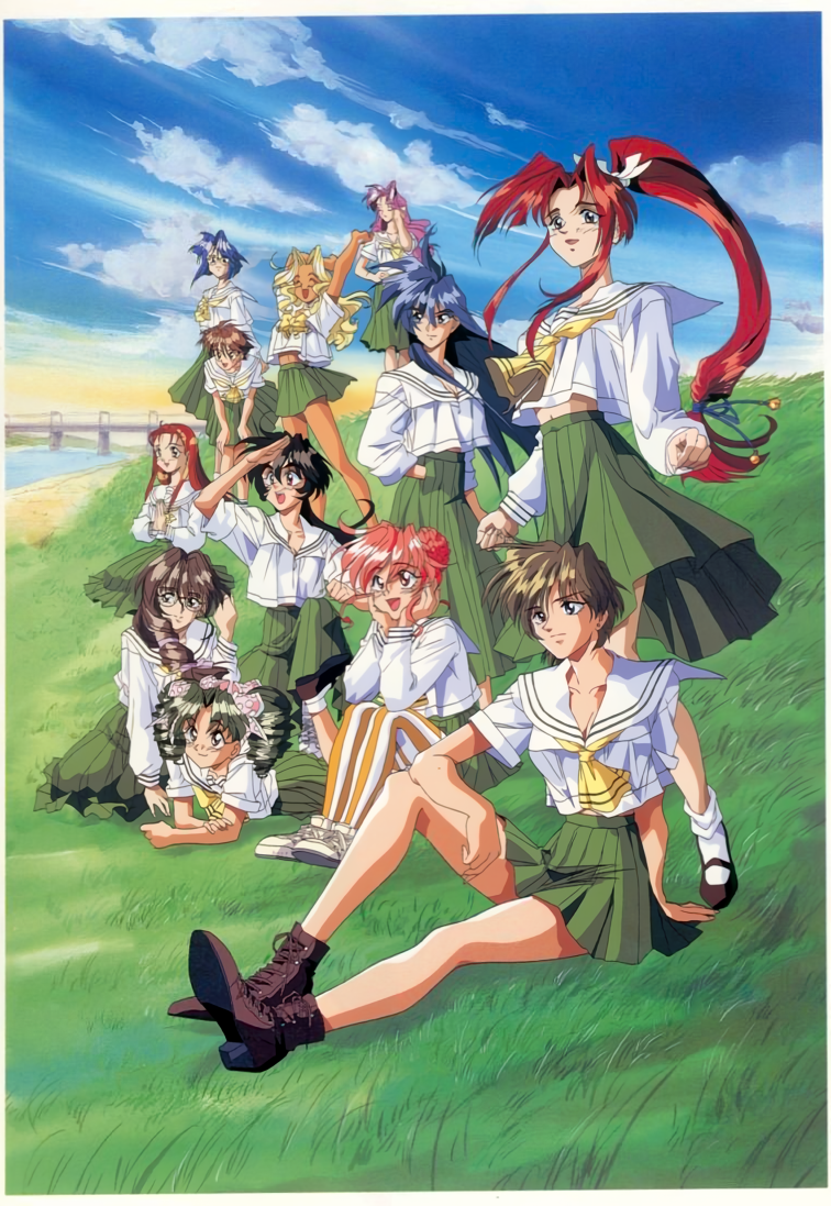 1990s_(style), arai_kiyomi, black_hair, blonde_hair, blue_hair, boots, bridge, brown_boots